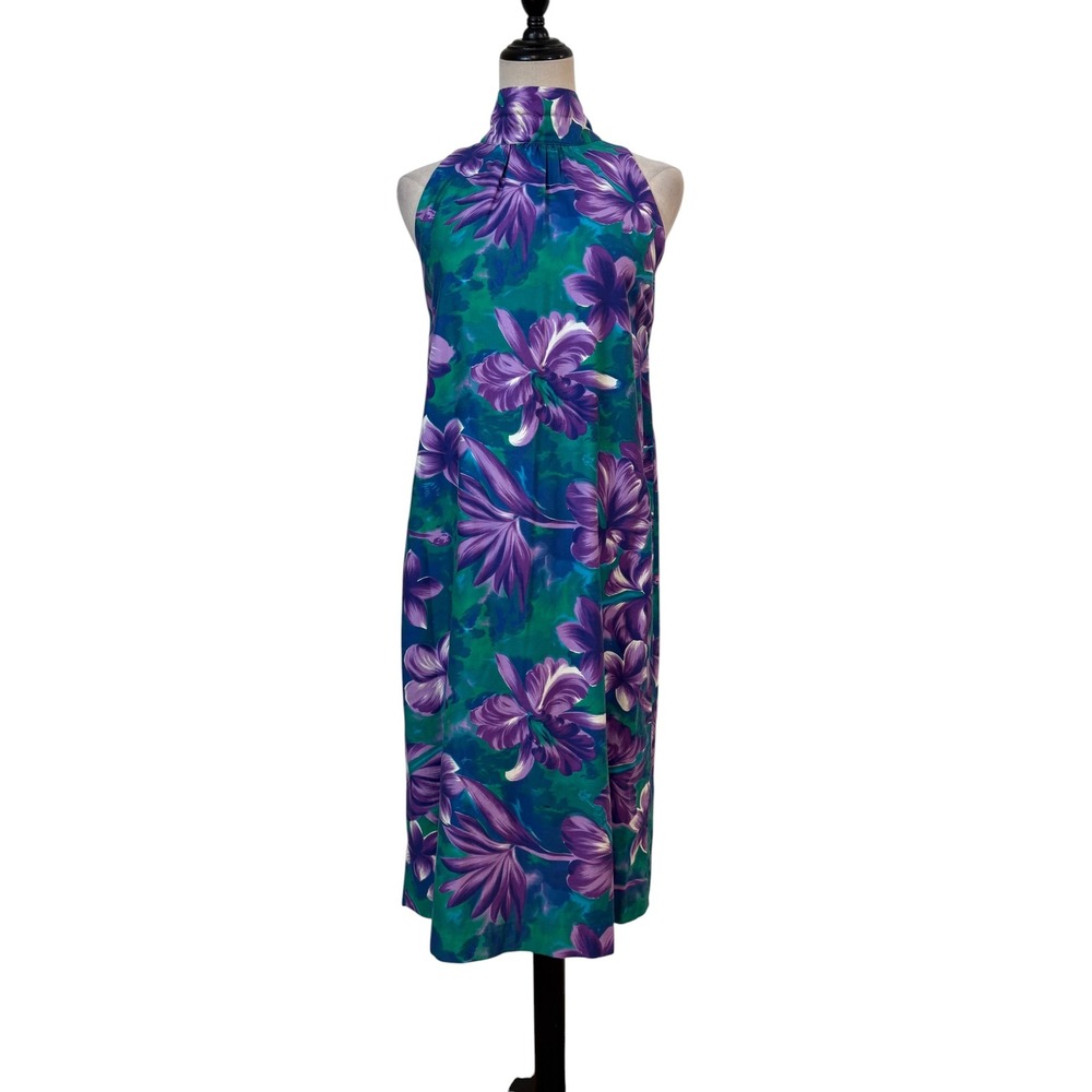 Vtg 60s 70s Fashions of Hawaii‎ Dress Women sz s/m Teal Purple Floral Bow resort